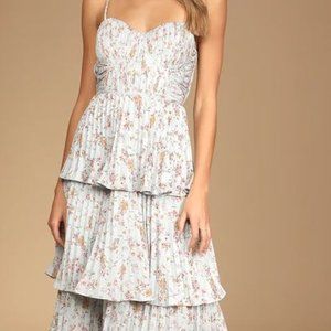 Cascading Crush Pale Blue Floral Print Tiered Bustier Midi Dress